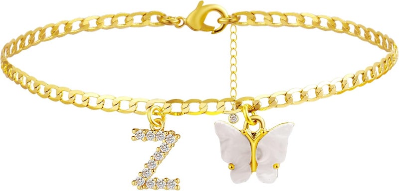 VIROMY 14K Gold Plated Dainty Butterfly Initial Ankle Bracelets Handmade Cuban Chain White Butterfly A-Z Alphabet Letter Initial Anklets Personalized Summer Beach Jewelry Gifts for Women - Image 1